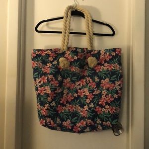 Canvas floral beach tote bag with rope handles